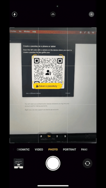 When you open your device&#39;s camera and scan the QR code, you will be prompted to save the passkey to your device.